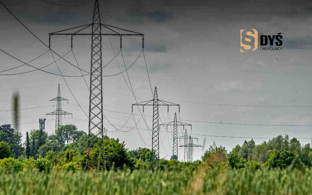Słupy wysokiego napięcia przebiegające przez zielone pole – przykład infrastruktury przesyłowej na nieruchomości.