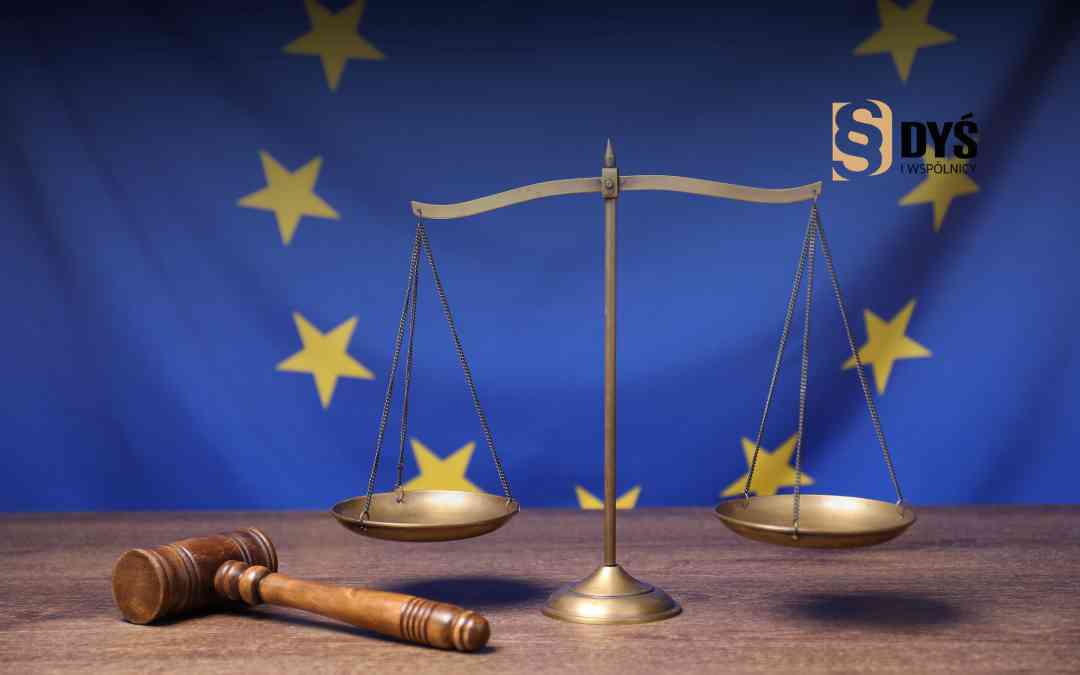 Balanced scales of justice with a wooden gavel on a table, set against a blue background with EU stars, symbolizing European legal justice.