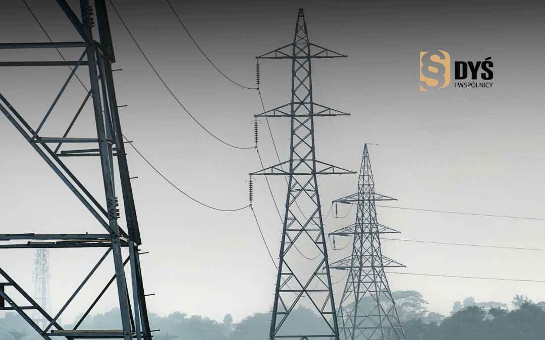 Stalowe słupy energetyczne w rzędzie tworzące linię przesyłową na nieruchomości.
