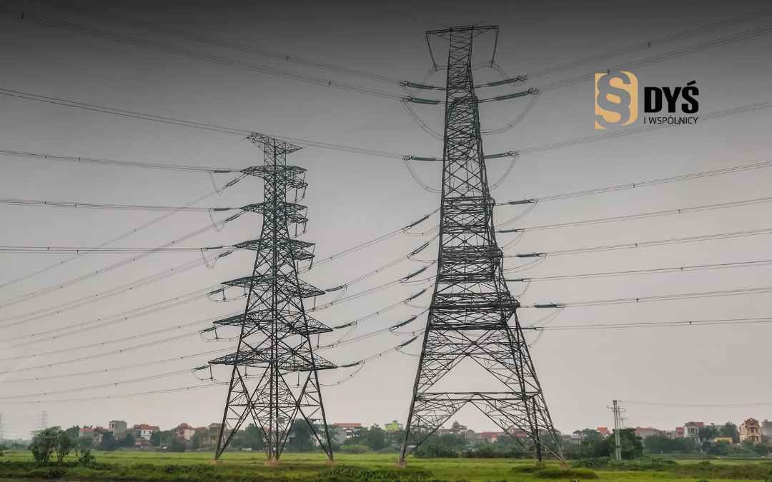 Dwa duże słupy energetyczne linii wysokiego napięcia przebiegające przez zielone pola w pobliżu domów.